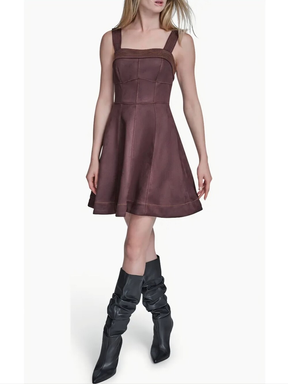 BCBG Brown Faux Suede Square Neck Sleeveless Wide Strap Fit & Flare Dress